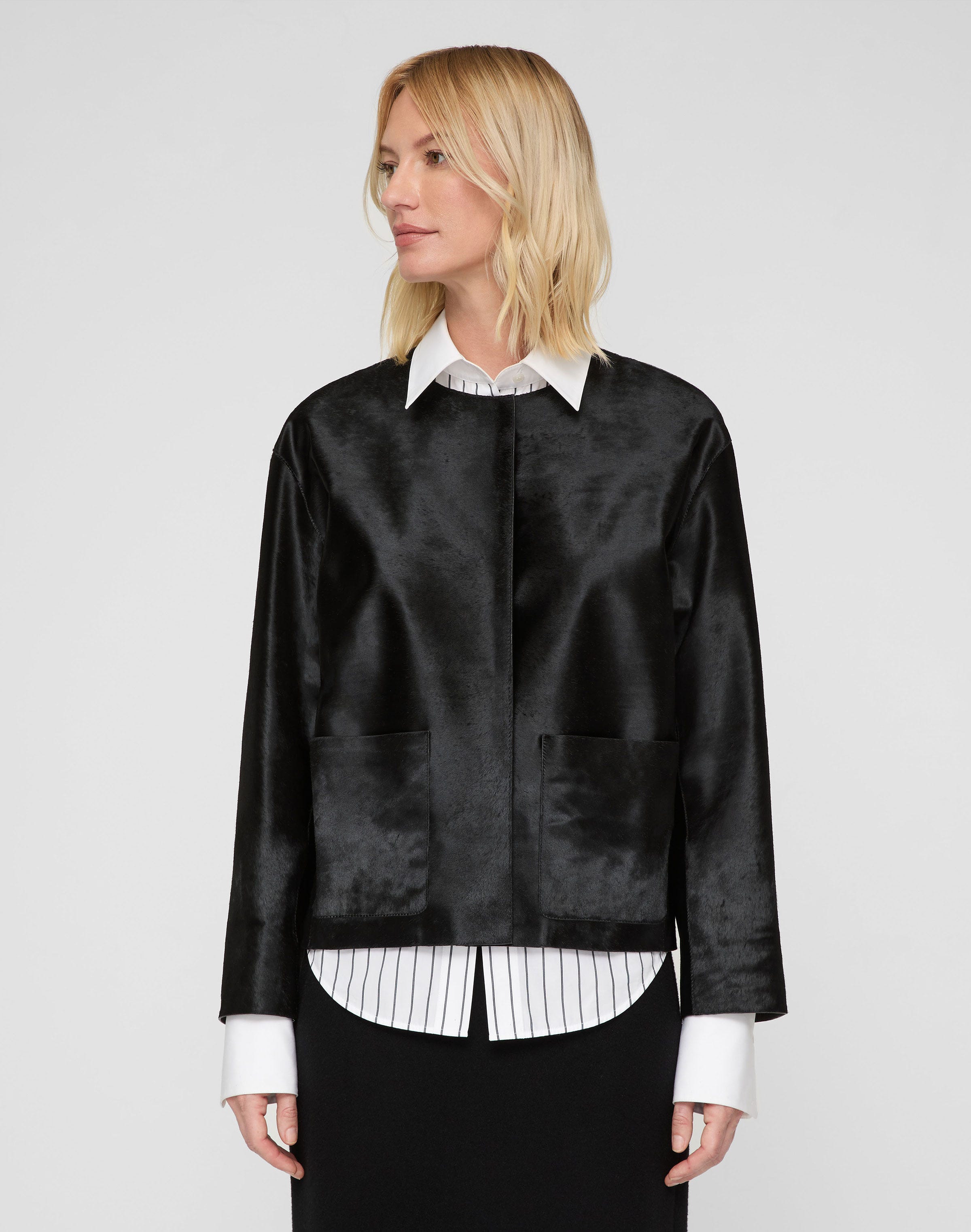 Calf Hair Patch Pocket Collarless Jacket