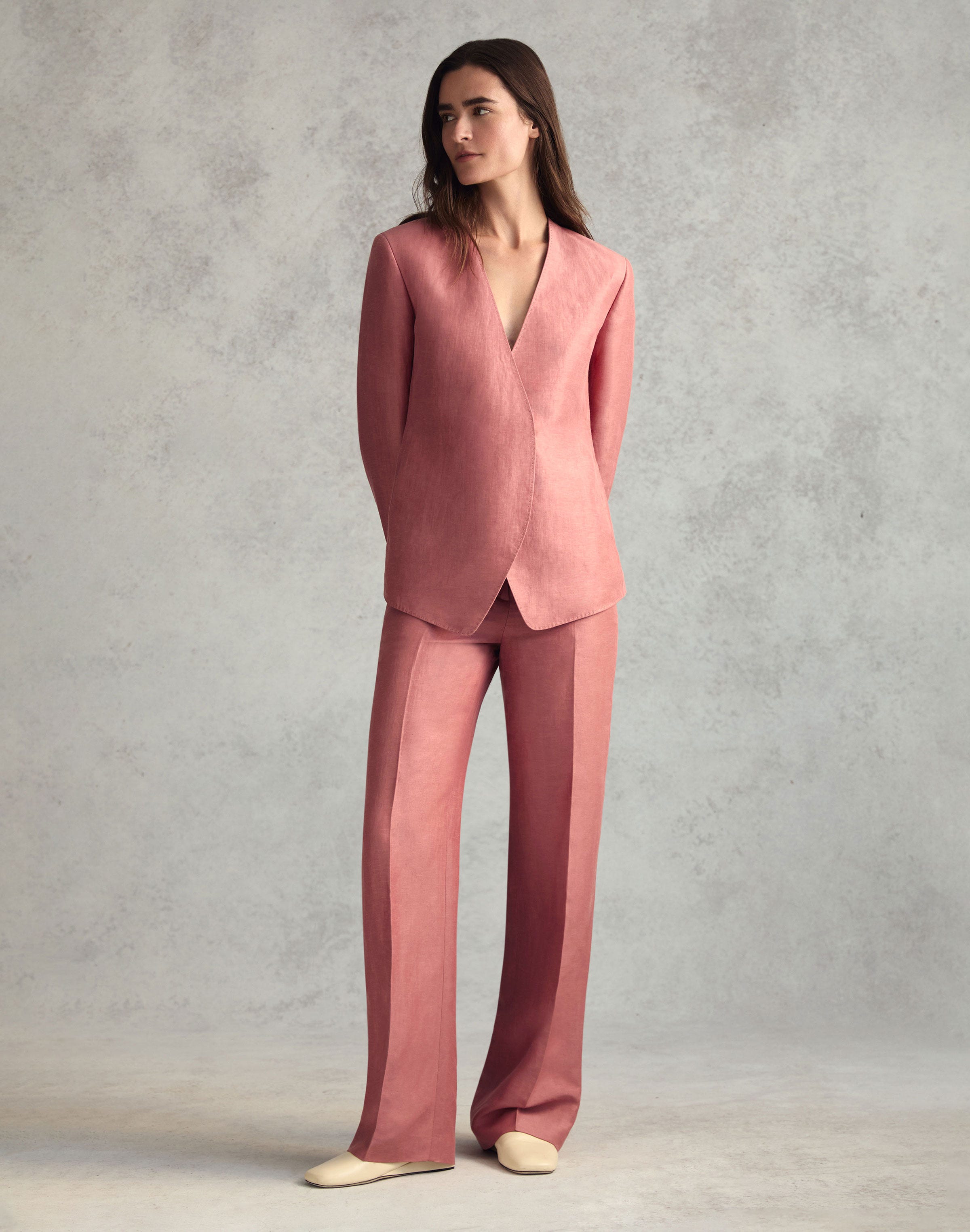 Linen-Viscose Open Front Collarless Blazer