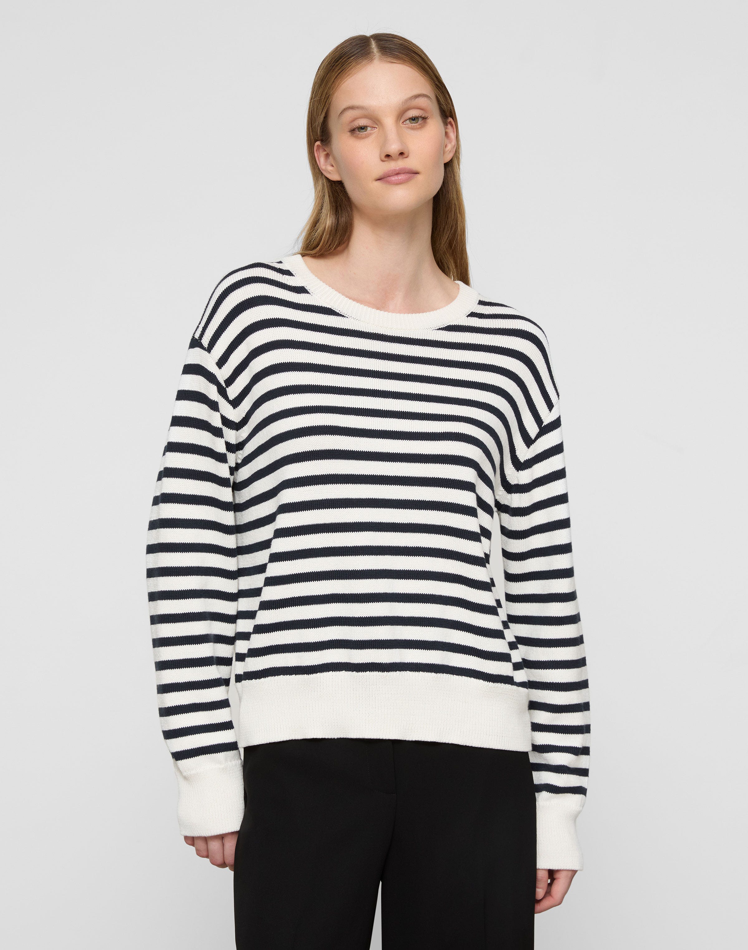 Petite Striped Cotton-Silk Tape Crewneck Sweater