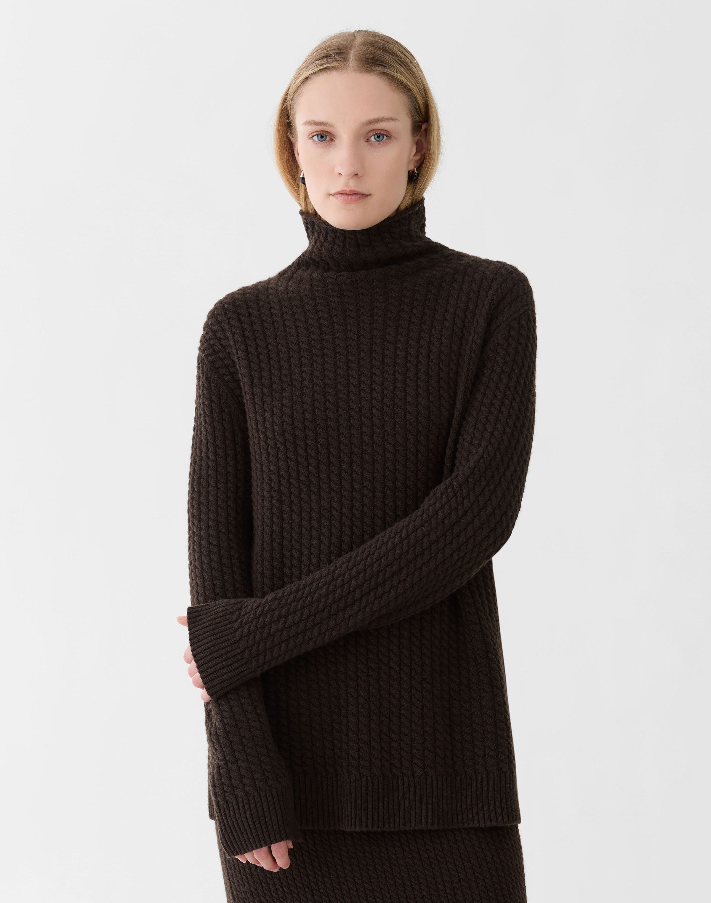 Petite Cashmere Cable Knit Stand Collar Sweater