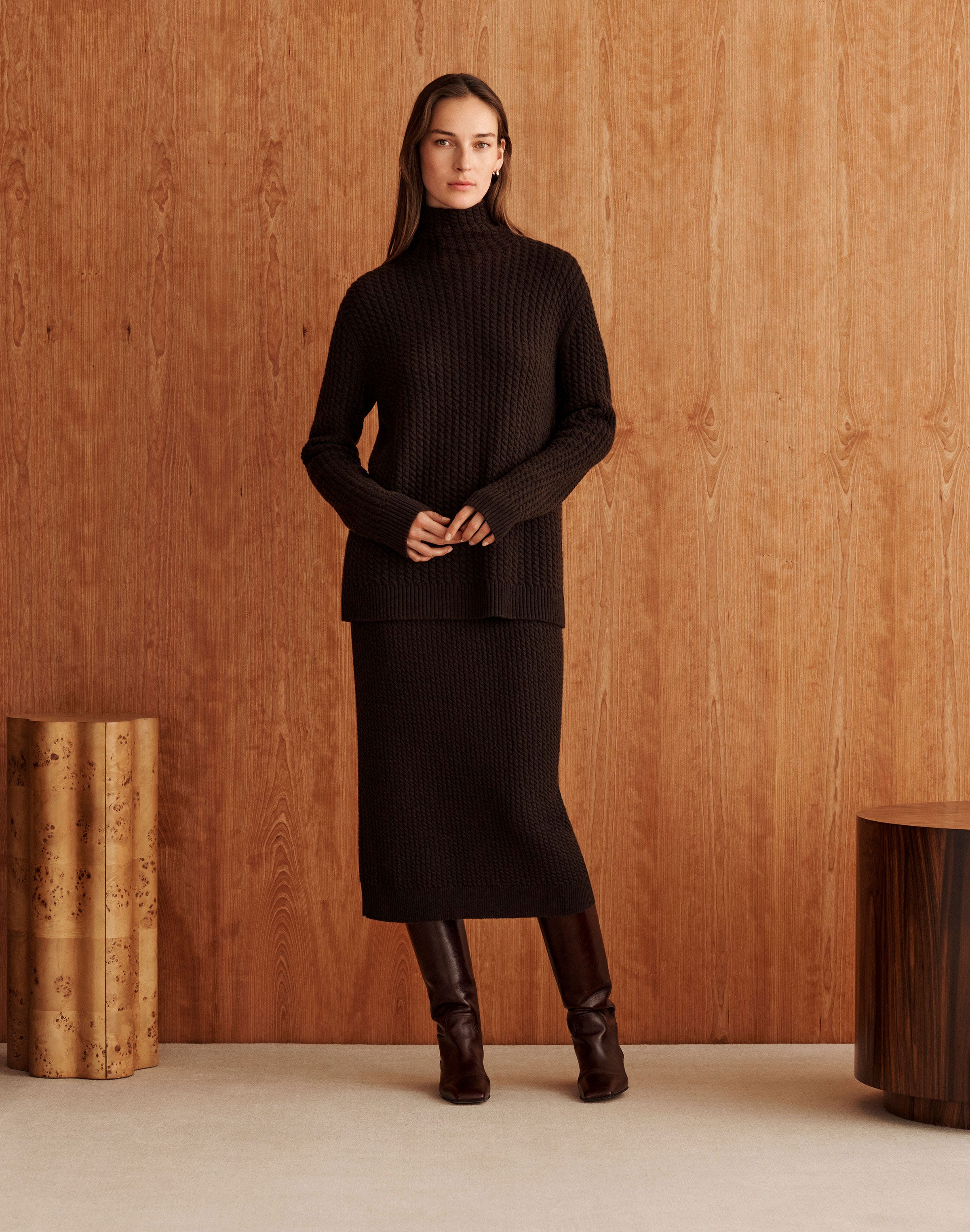 Petite Cashmere Cable Knit Stand Collar Sweater