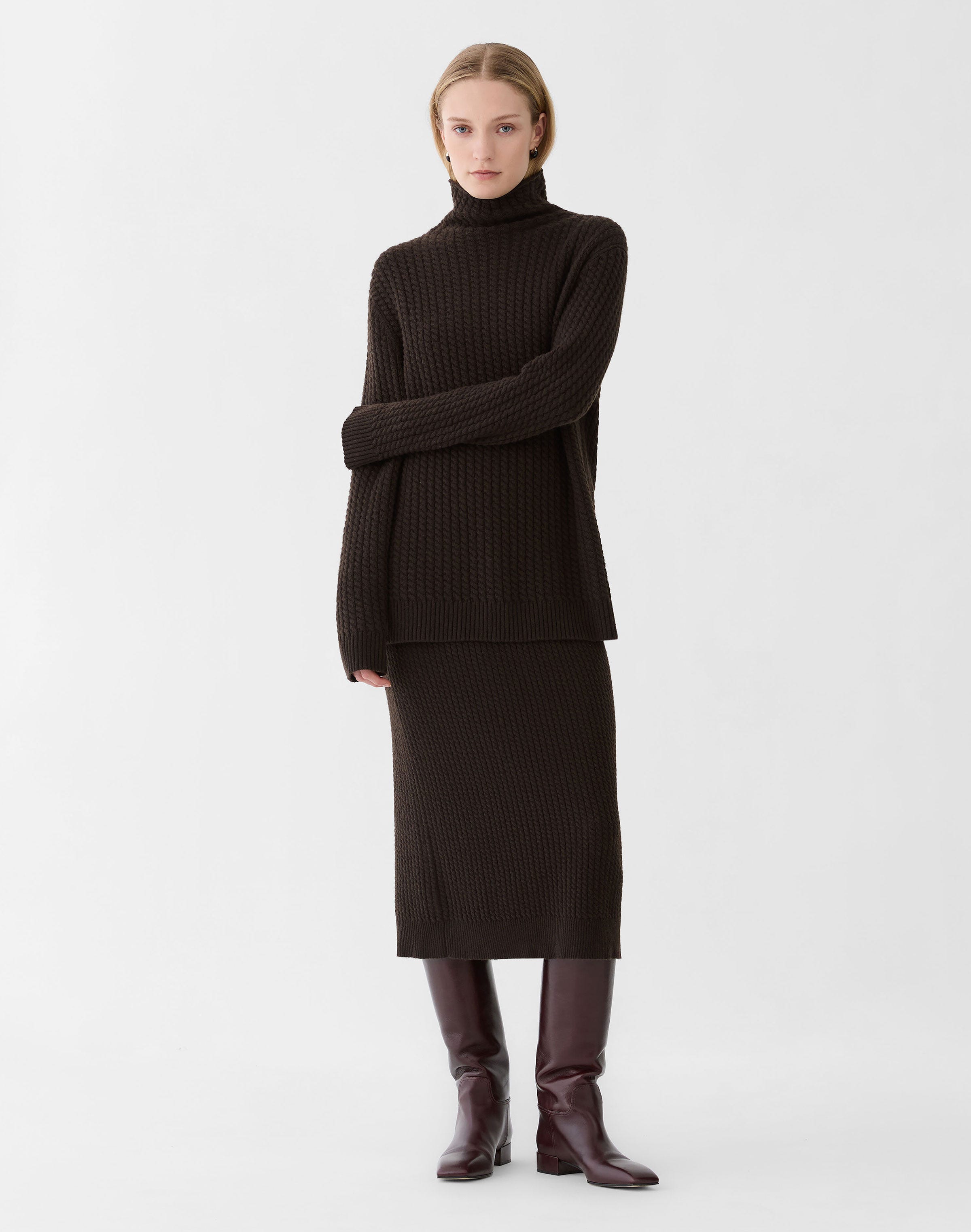 Petite Cashmere Cable Knit Stand Collar Sweater